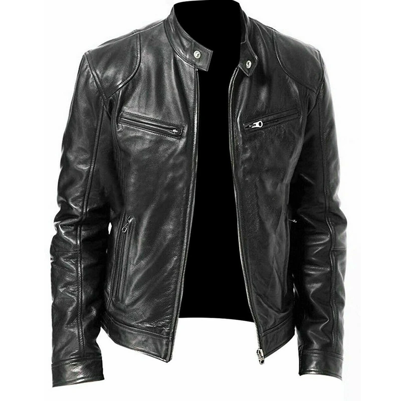 Черный Winter Warm Genuine Black&Brown Leather Jacket Fashion Men Slim Fit Biker Motorcycle Stand Collar Slim Zip Jacket - Цвет: Черный