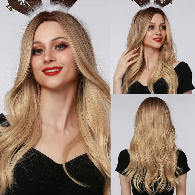 JONRENAU Long Natural Synthetic Straight Layered Hairstyle Wig Black Ombre Brown To Blonde Wigs for Black Women with Bangs Hair 6007
