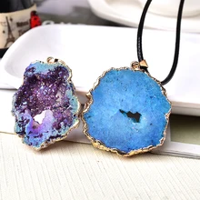 1PC Natural Agate Geode Pendant Plated Guardian&Luckly Pendant Colourful Raw Mineral Healing Stone Charm For Unisex Jewelry Gift