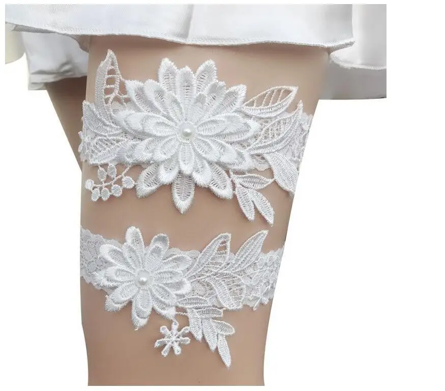 

White Sexy Garters Wedding Garter Belt Harness Navy Embroidery Floral Women/Female/Bride Thigh Ring Bridal Lace Leg Ring Loop