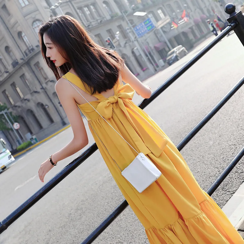 

Photo Shoot 2019 Summer New Style Korean-style Loose-Fit Mid-length Yellow behind Bandage Cloth Suspender Strap Dress Women's