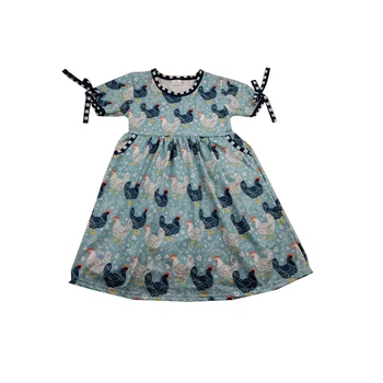 

short sleeve girls dress with chicken pattern farm dresses belt boutique girls' dress
