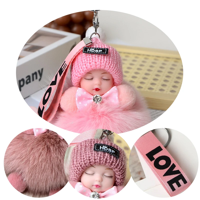 Pompom Sleeping Doll Keychain Plush Doll Keychains Women Girl Bags Keyrings Cars Key Ring Gift Decoration
