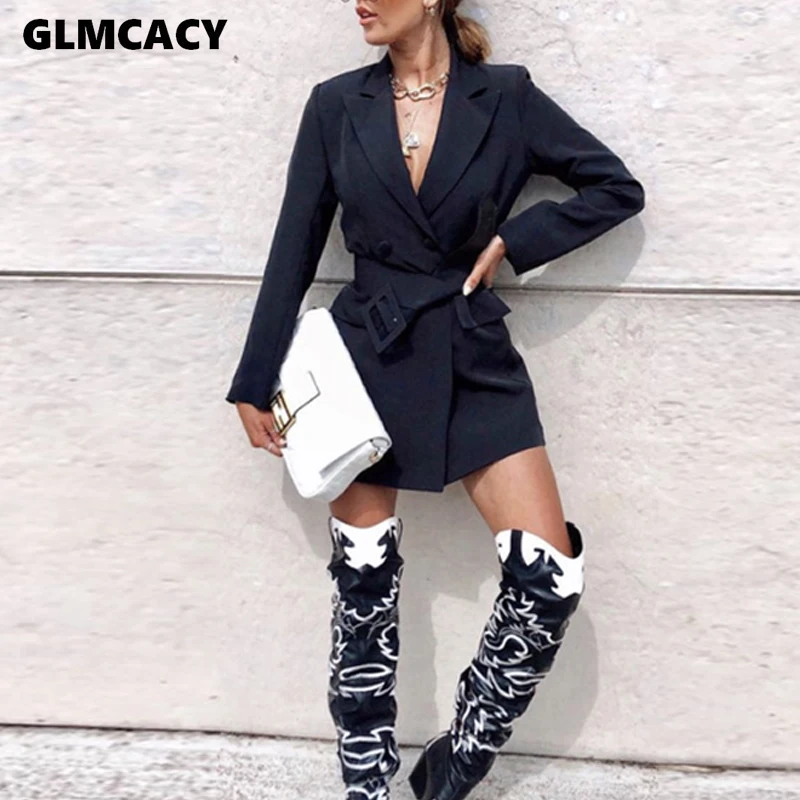 Women Office Lady Notched Double Breasted Long Sleeve Blazers Autumn Streetwear Solid Sashes Slim Long Blazers - Цвет: Черный