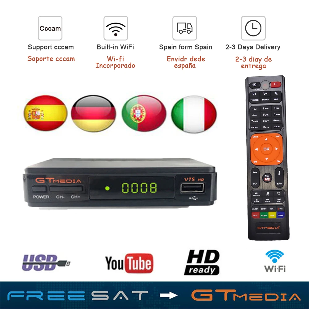 GTMEDIA V7S HD+ wifi антенна DVB-S2 HD Youtube PowerVU CLINES Newcamd спутниковый ресивер телеприставка лучше freesat v7