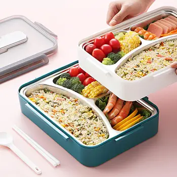 

3Compartment Stainless Steel Lunch Box With Soup Bowl Leak-Proof Bento Box Dinnerware Set Microwave Adult Student Food Container