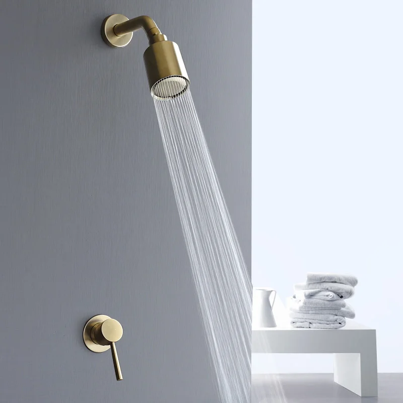 

Wall Mount Golden Shower Faucets Set Rainfall Gold Shower Hot Cold Water Mixer Tap Bathroom Brushed Gold Shower Kit