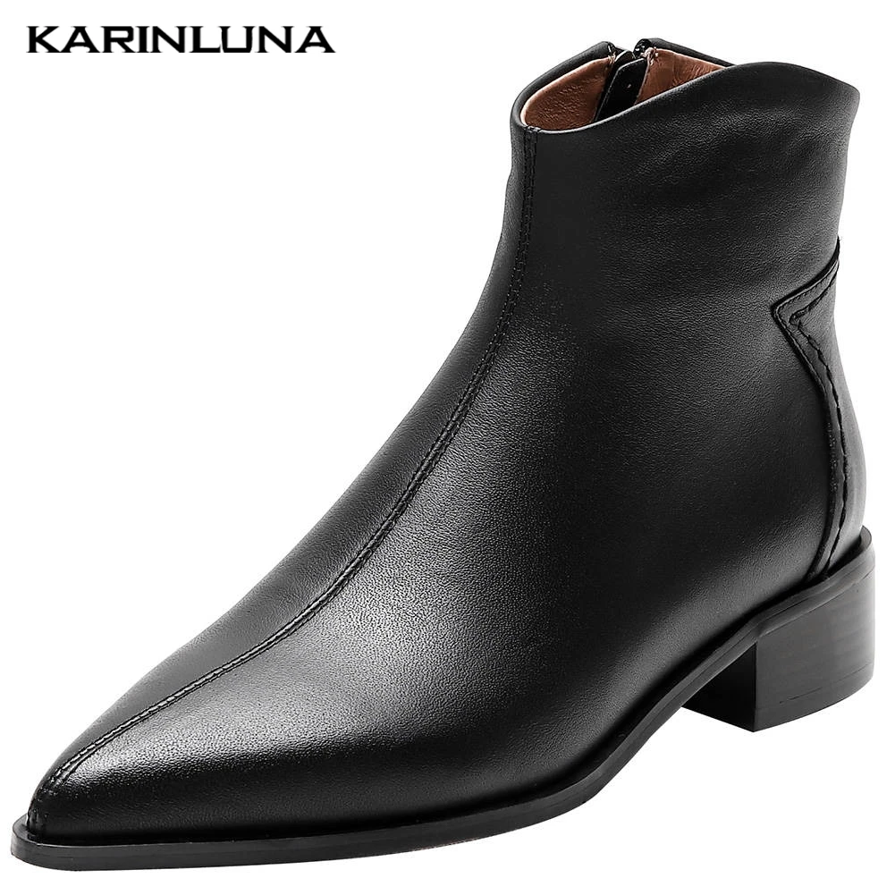 

Karinluna 2019 Brand Genuine Leather Winter Pointed Toe Zippper Chelsea Boots Woman Shoes Booties Women Ankle Boots Female