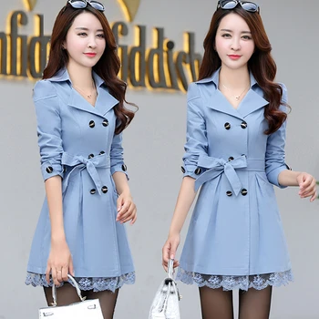 

Yocalor New Autumn Women Trench Coats Blazer Lace Ruffles Lady Long Double Breasted Belted Coats Casaco Windbreakers M~3XL