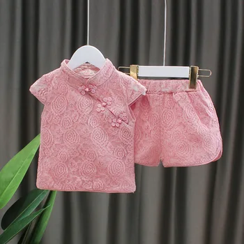 

Summer 2pcs Baby Girl Clothing Set Chinese Hanfu Tang Suit Newborn Infant Girls Cheongsam Lace Tops+Shorts Toddler Kids Outfits