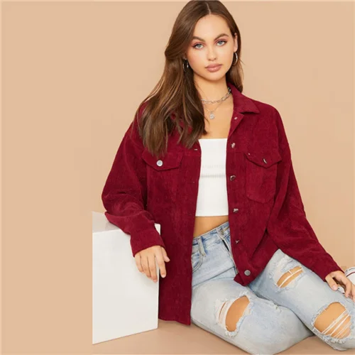 Красный Dotfashion, красный, Повседневный, однобортный пиджак для женщин, осень, с двойным карманом, для девушек, однотонный, вельветовый, верхняя одежда - Цвет: Красный