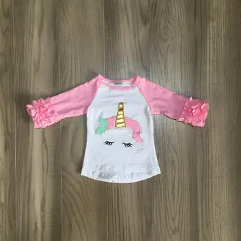 

children girls Fall / winter raglans Girls carton unicorn raglans girls boutique cotton pink sleeve top wholesale