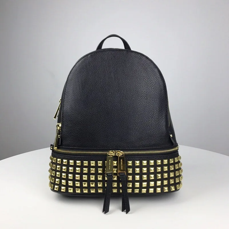 

High Quality Women's Solid Black Top Cow Genuine Leather Pocket Safe Backpack Unisex Korean Style Gold Rivet Rucksack Backpack