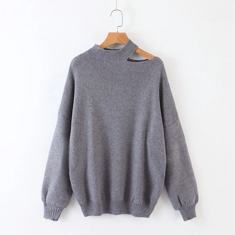 gray AOEMQ, модные однотонные свитера, без бретелек, на плече, сексуальная Офисная Женская одежда, зимние свитера с рукавом-фонариком, осенние свитера, одежда - Цвет: gray