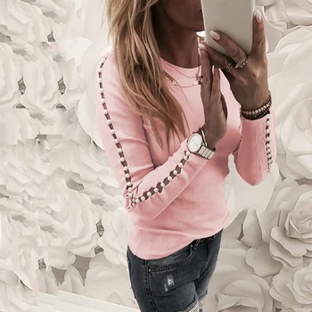 

Elegant Pearl Nail Bead Long Sleeve Pink Knit Sweaters Women Invierno 2020 O Neck Hollow out Pullovers Black Grey Ladies Tops