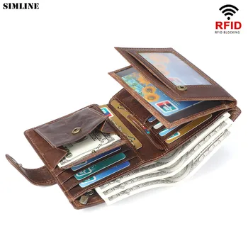 

Genuine Leather Men Wallet Vintage Rfid Blocking Mens Short Clutch Wallets Purse With Card ID Holder Coin Pocket Money Bag Male