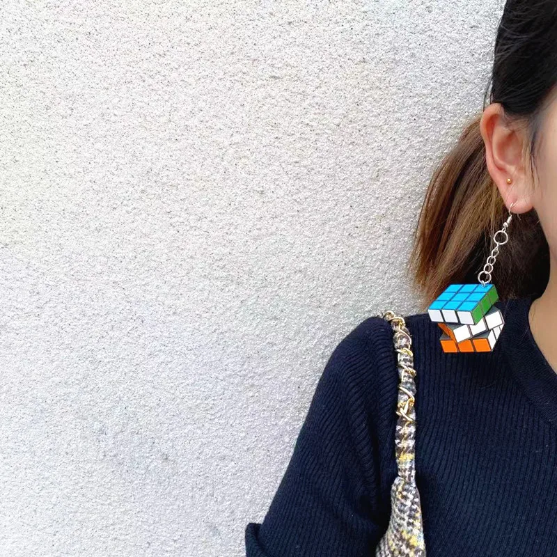 Donarsei Funny Resin 3D Magic Cube Drop Earrings for Women Colorful Geometric Speed Cube Dangle Earrings Novelty Jewelry