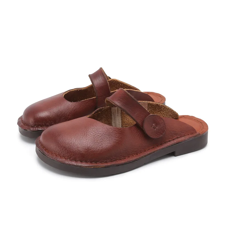 

328-12 New Fashion Cowhide Leather Sandals with Round Feet Handmade Stitches Inside and Outside Women Slippers