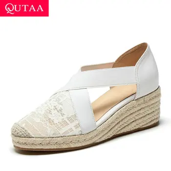 

QUTAA 2020 Lace Elastic Band Sneakers Wedge High Heel Casual Ladies Shoes Round Toe Platform Cut Outs Women Pumps Size 34-39