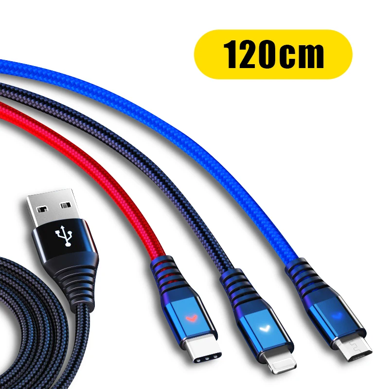 USB кабель для передачи данных для iPhone XS X 8 7 6 быстрая зарядка Зарядное устройство 3 в 1 микро USB кабель для Android USB Type C мобильные телефонные кабели для Samsung S9 - Цвет: 120cm