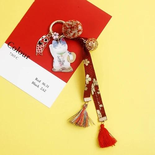 1pcJapanese originalhandmade с вышитыми цветами Кот приносящий удачу Манеки Неко сумка для ключей подвеска с помпоном llaveros - Цвет: X697