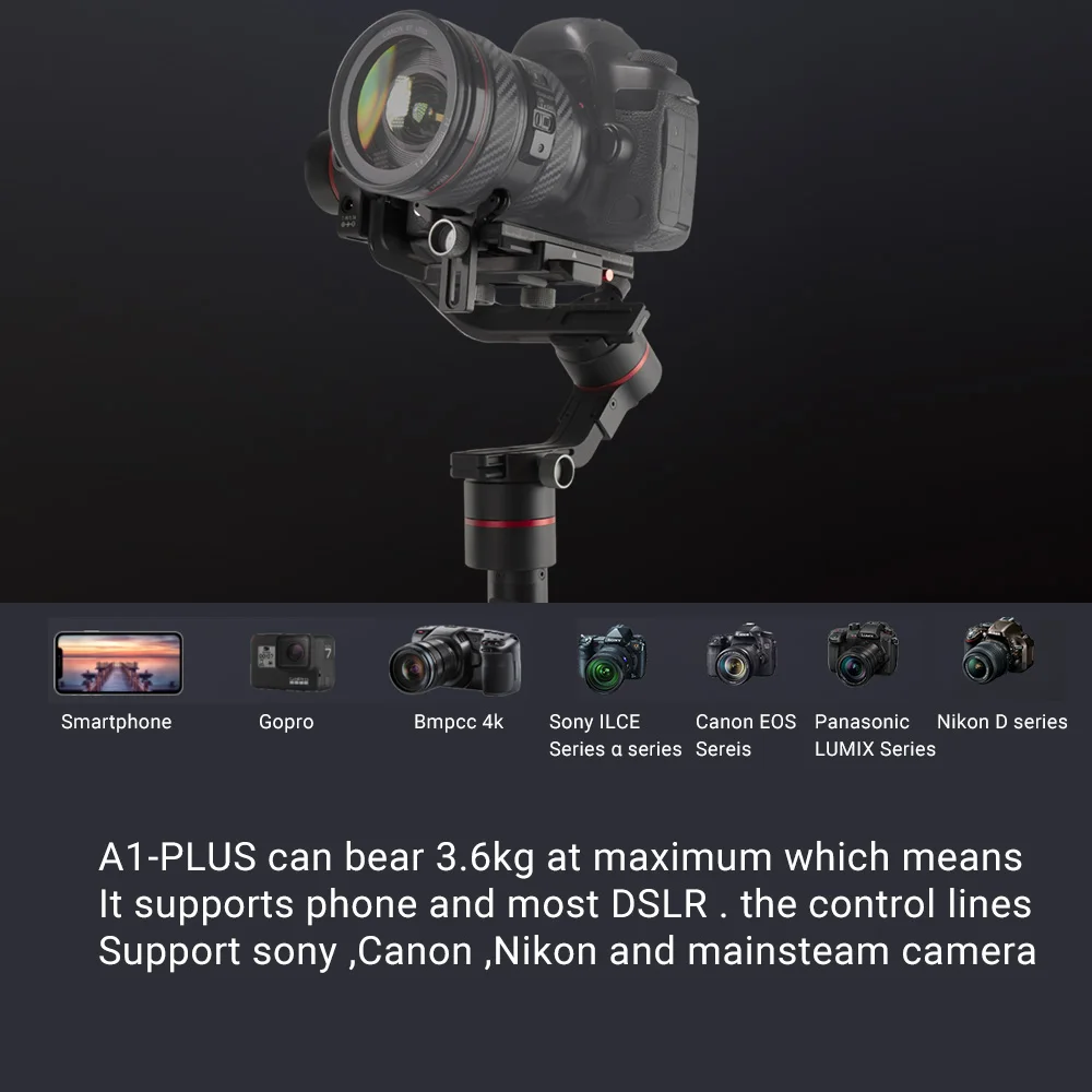 Accsoon A1 плюс 3-осевой ручной шарнирный стабилизатор для камеры GoPro 3,6 кг грузоподъемность полный визуальный без крышки Для беззеркальных цифровых зеркальных фотоаппаратов Камера PK Zhiyun