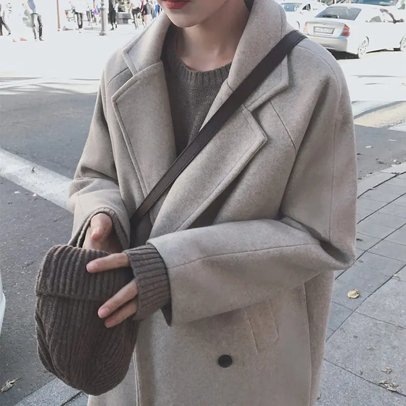 beige gray Женский Тренч, шерстяное пальто, зима, средняя длина, корейский стиль, свободный, уплотненный, теплый, смесь, куртка, Блейзер, верхняя одежда, Chaqueta Mujer f2340 - Цвет: beige gray