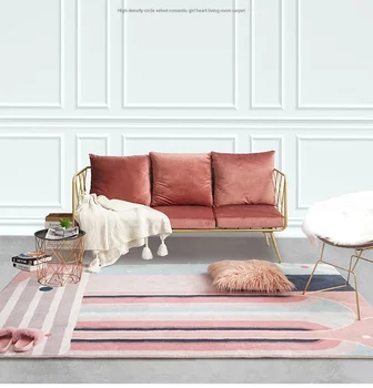 

Pink color post-modern decoration coffee table woven carpet Nordic style big size bedside rug, INS geometric living room rug