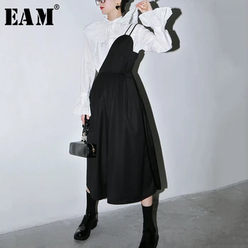 

[EAM] Women Black Pleated Split StraplessDress New Onr Shoulder Sleeveless Loose Fit Fashion Tide Spring Autumn 2020 1S620
