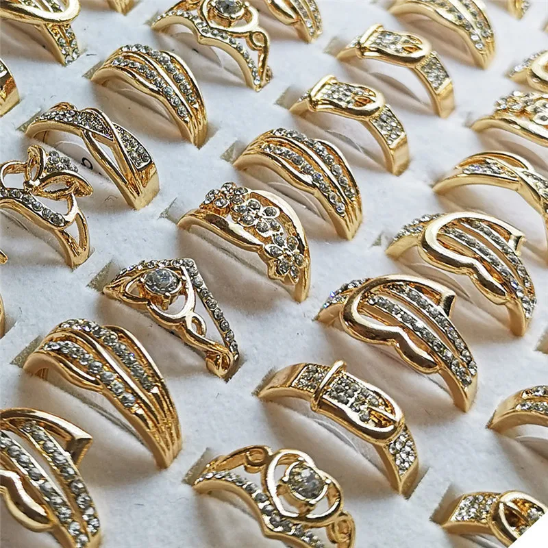 Crystal Rings 10Pcs Fashion Mixed Shiny Golden Color For Women Girls
