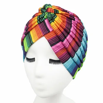 

2019 Color stripe Stretch Turban Ruffle Hair Hats Beanie Bandanas Scarf Head Wrap Headwear for Women 92