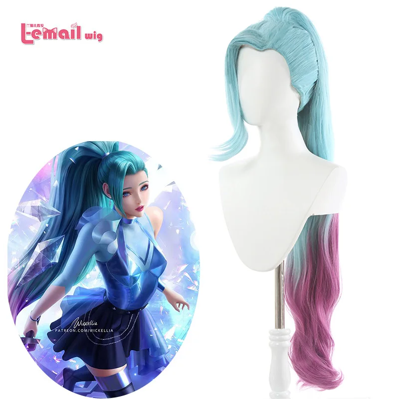 L-email wig LoL Seraphine Cosplay Wig KDA 3 Version Long Wigs with Ponytail Blue Pink Heat Resistant Synthetic Hair | Шиньоны и парики