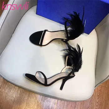 

Feather High Heels Sandals Women Suede Leather One Strap Sandalias Mujer Ankle Buckle Strap Thin Heels Runway Party Shoes Woman