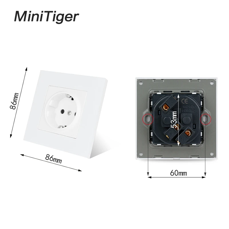 Minitiger Белая настенная пластиковая панель 1 банда розетка заземленная, 16А стандарт ЕС Электрический двойной выход 86 мм* 86 мм