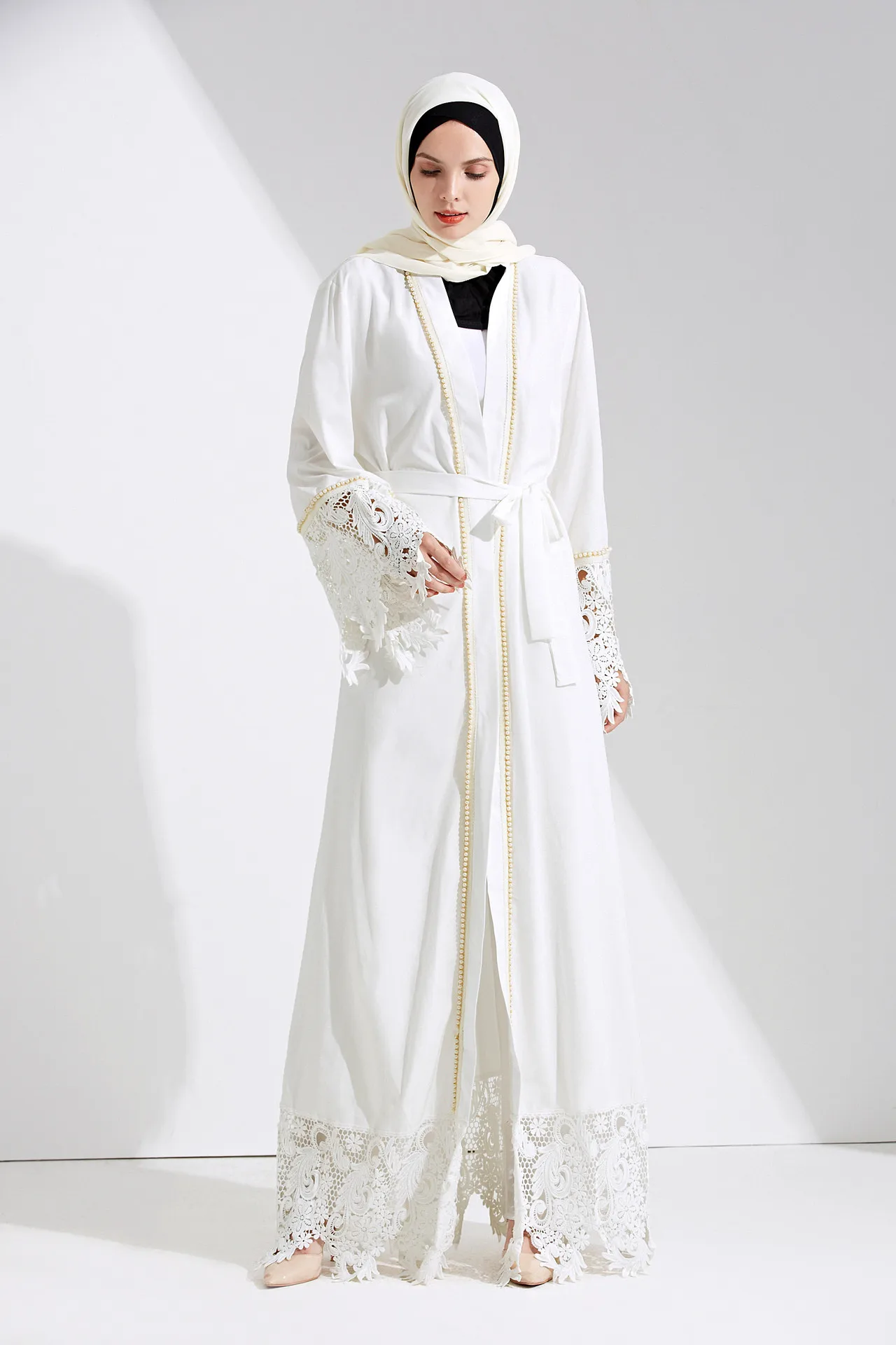 Abaya белый кружевной жемчужный панельный Дубайский кардиган халат модное платье