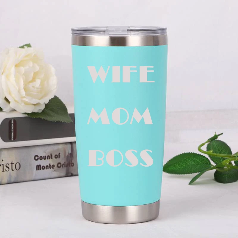 Comprar Esposa mamá jefe doble pared Acero inoxidable taza botella de agua coche taza verde flor impresión logo taza