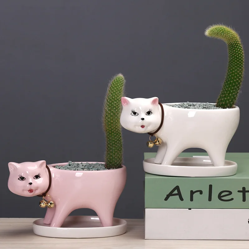 

Cartoons Handmade Cat Flowerpot Animal Ceramics Cute Vase Cactus Succulent Plants Potted Sculpture Flower Arrangement Home Decor