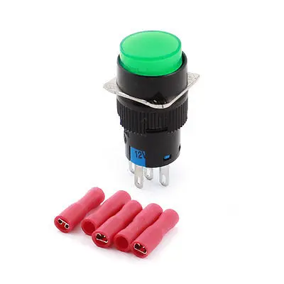 

DC 12V Green Lamp Locking Round Push Button Switch + Insulated Crimp Terminal