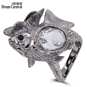 

DreamCarnival1989 New Arrive Happy Fish Ring Women Big Shiny Zircon Wedding Engagement Rings Strong Character Gun Color WA11772