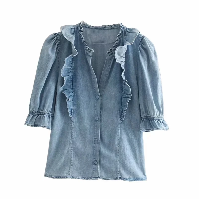  Withered high street Cascading ruffles puff sleeve denim blouse women blusas mujer de moda 2019 shi