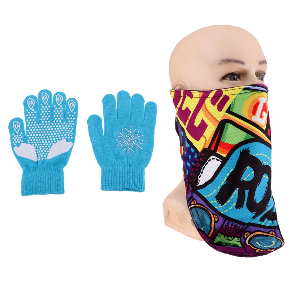 Kids Thermal Face Mask Cover Scarf Neck Warmer Gaiter Wrap and Knit Gloves Stretch Winter Glove for Boy Girl (Age age 6-13 )