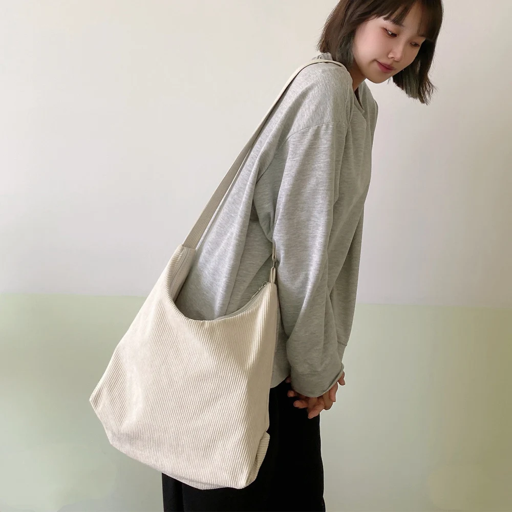 Women Striped Corduroy Bags Simple Canvas Zipper Crossbody