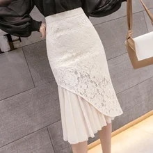 Женская юбка в сеточку, с вышивкой, кружевная, тонкая, с разрезом, юбка в стиле «рыбий хвост», S-2XL, женская сексуальная одежда, AQ467