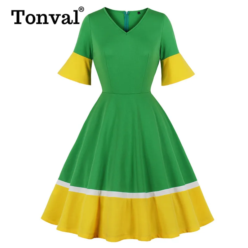 

Tonval Green and Yellow Flare Sleeve Color Block A Line Dress V Neck Women 2019 Autumn Party Vintage Flare Swing Dresses