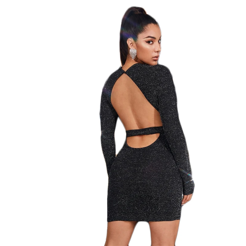 SHEIN черный нижней части спины Блеск Bodycon Вечерние мини-платье Для женщин Демисезонный стройная фигура вырезами Гламурные сексуальные платья-футляр