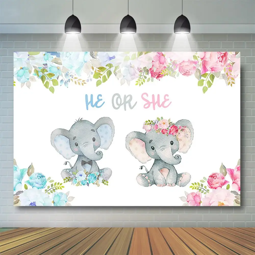 Mocsicka Elephant He Or She Gender Reveal Background Blue O Pink Flower Baby Shower Banner Boy O Girl Elephant Party Decor