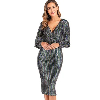 

BGW 2142ht Sexy V Neck Sequined Cocktail Dresses Long Sleeves 2020 Vestidos De Coctel De Noche Knee Length