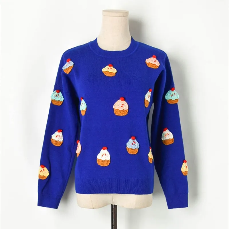

Luxury Brand Designer Knitted Pullovers for Women Vintage O Neck Hand Crochet 3D Cake Knitted Sweater