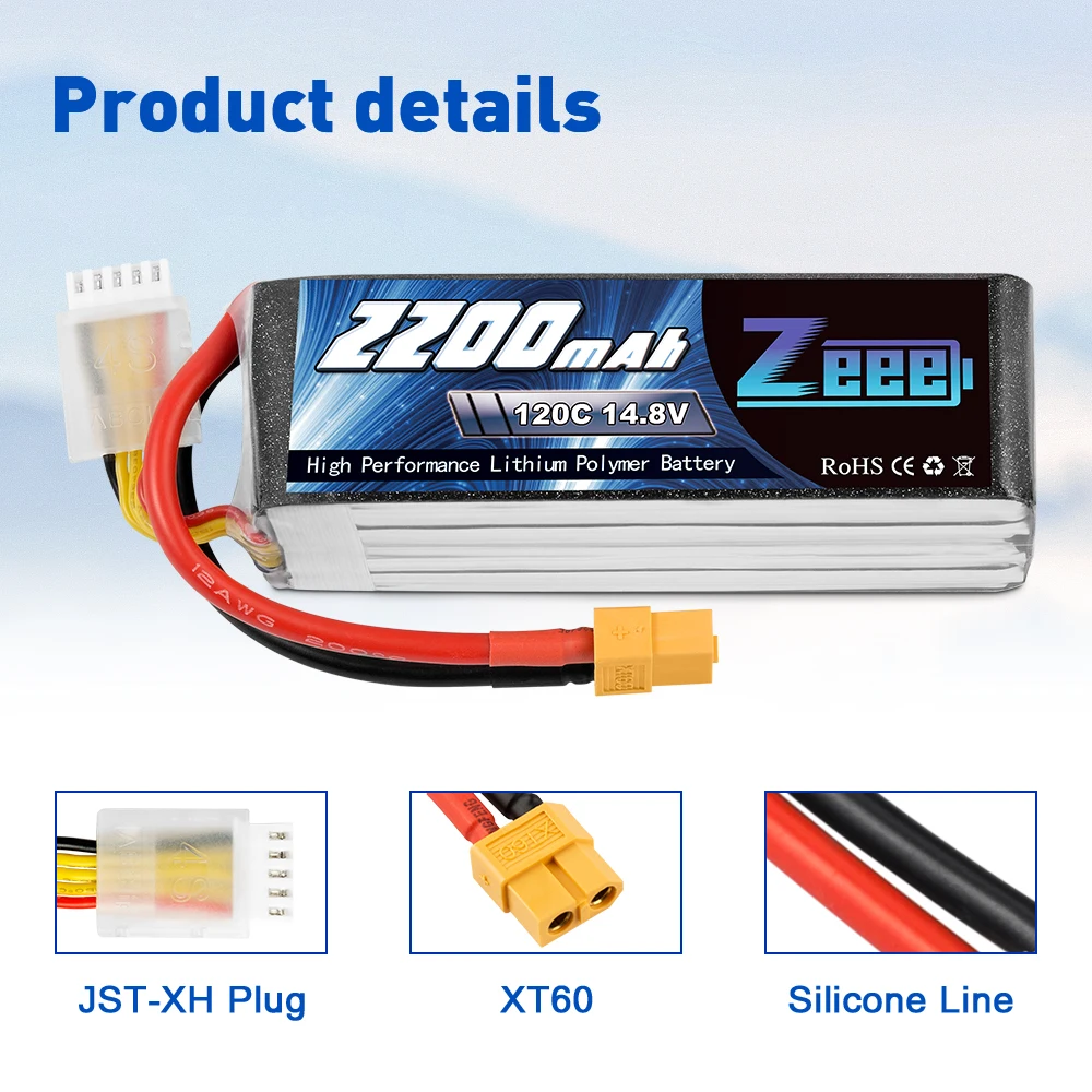 2-Pack Zeee 4S LiPo Battery 14.8V 2200mAh 120C – High-Performance Rechargeable Battery with XT60 Plug for FPV Drone, RC Car, Boat & Aircraft Models 3