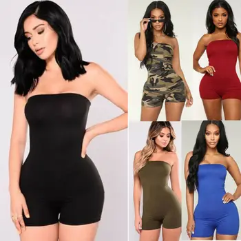 

Women Strapless Jumpsuit Playsuits Tube Top Bodysuit Sleeveless Bodycon Short Romper Catsuit Clubwear S M L XL